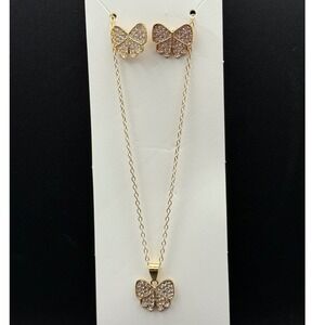 Butterfly Necklace and Earrings Set Gold Tone Rhinestone Dainty Jewelry